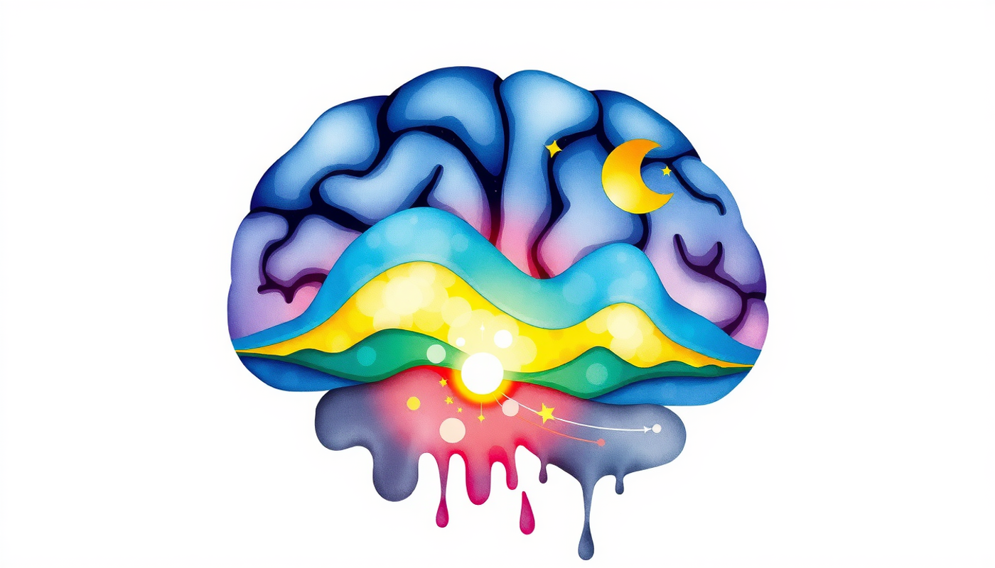 Luminous cross-section of a sleeping brain with dreamlike wave patterns.