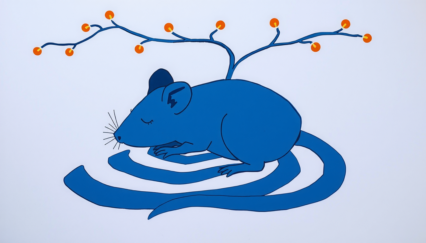 Sleeping mouse in maze with glowing neural pathways above its head.