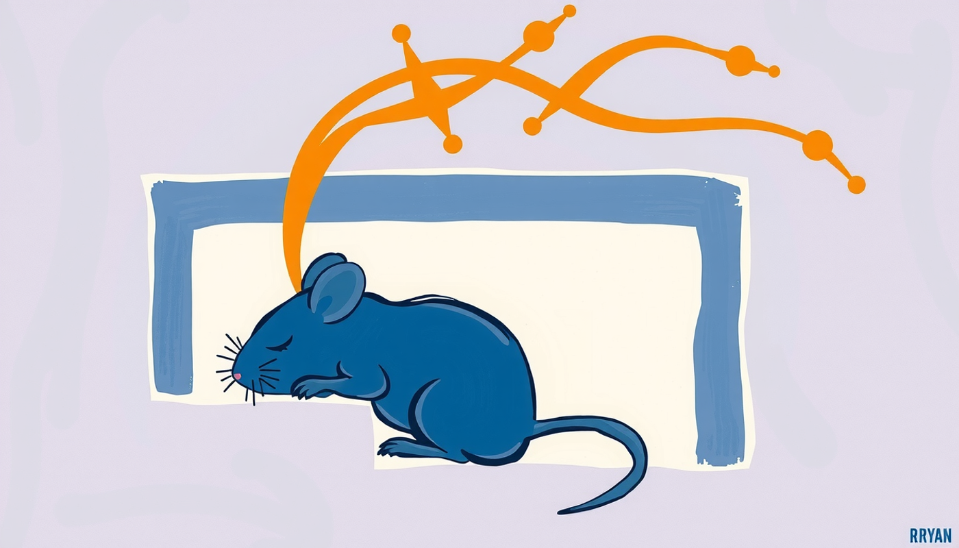 Sleeping mouse in a maze with glowing neural pathways above.