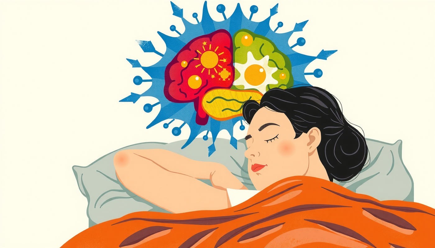 Sleeping person with a colorful brain mosaic showing various processes.