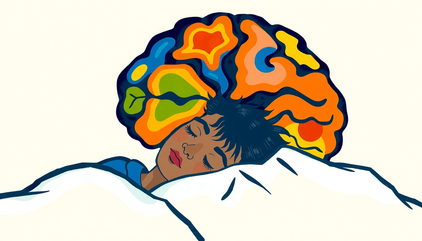 Sleeping person with a glowing mosaic brain highlighting various processes.