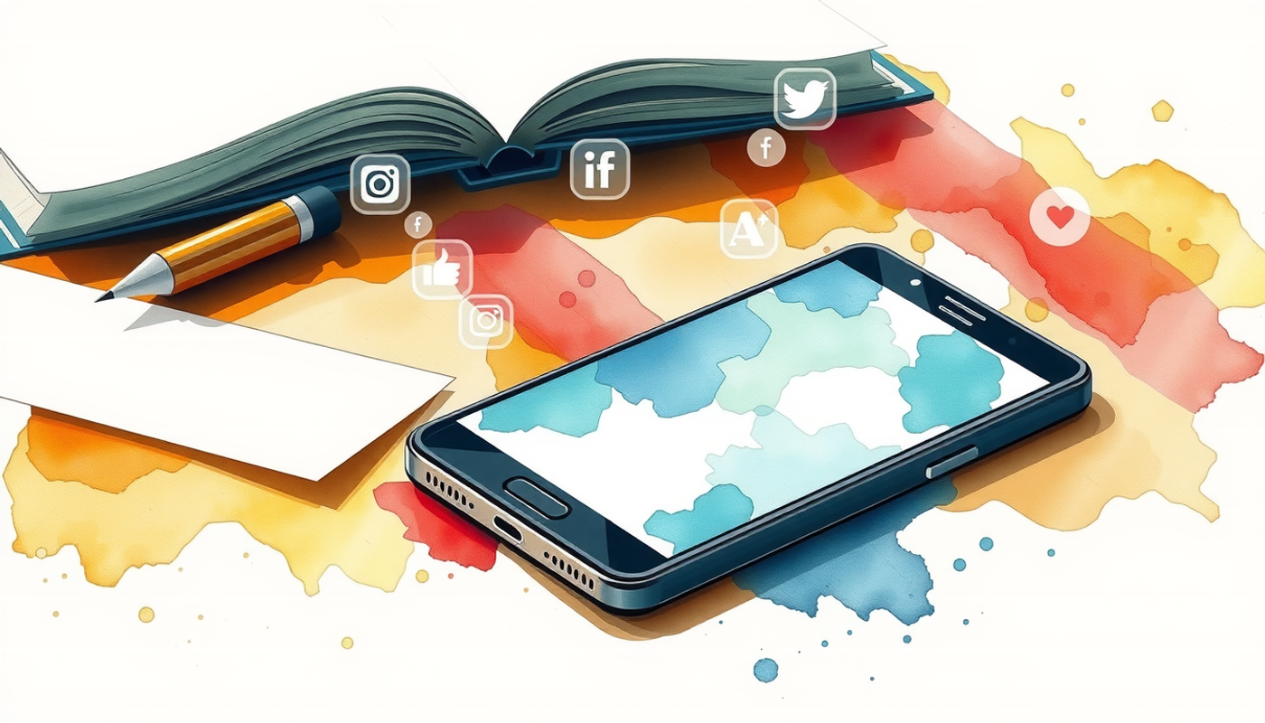 Smartphone on wooden desk with study notes and social media icons.