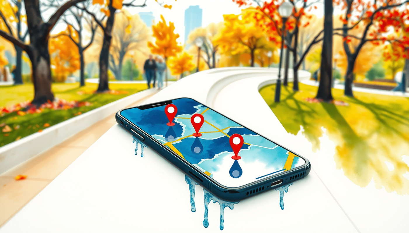 Smartphone on park bench with glowing GPS map and memory pins.