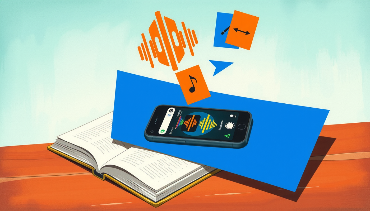 Smartphone on wooden desk with language textbooks and floating flashcards.