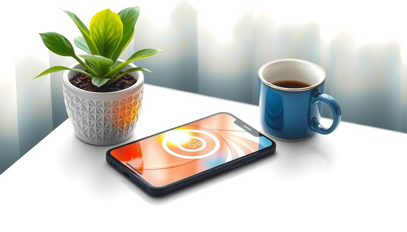 Smartphone on minimalist nightstand with plant and coffee cup.