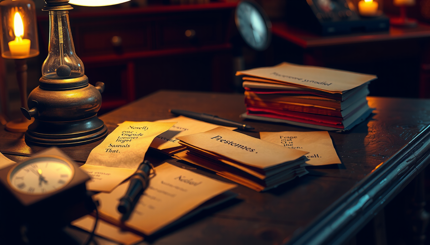 Solitary wooden desk in a dimly lit 19th-century room.