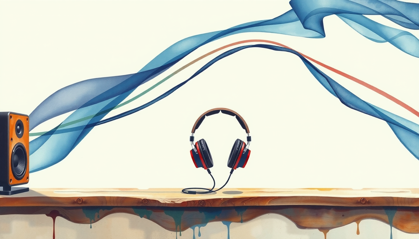 Colored sound waves converging towards studio headphones on a workbench.