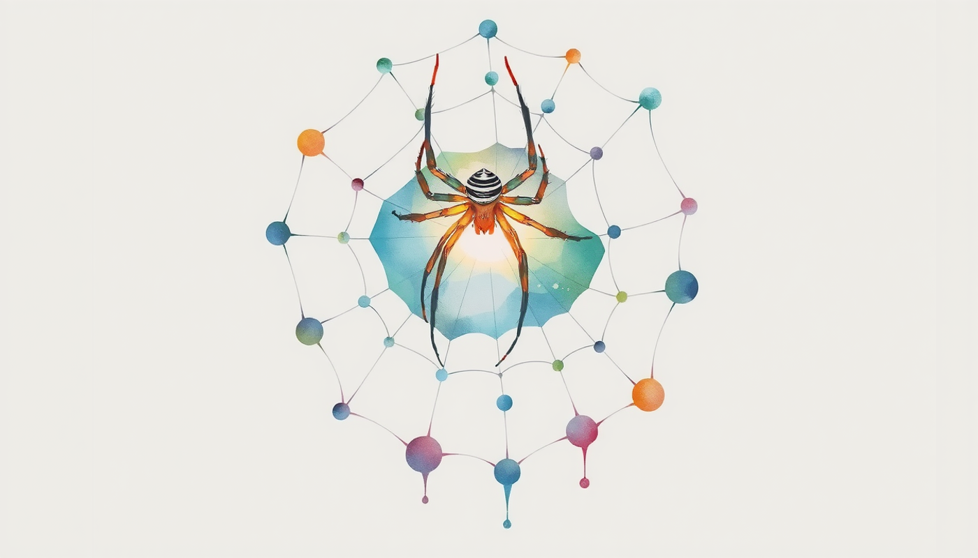 Spider web at dawn with illuminated connections between symptoms and diseases.