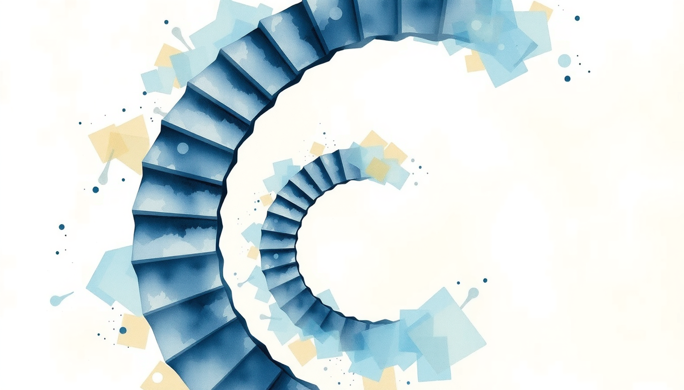 Spiral staircase descending into darkness, glowing floor marked 1.3.