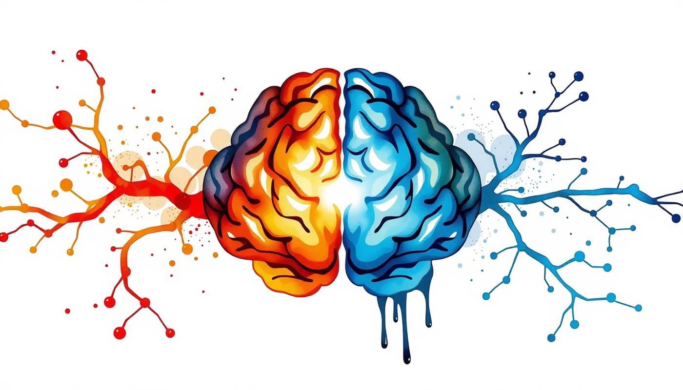 Split-screen brain pathways: warm orange for pattern recognition, cool blue for analysis.