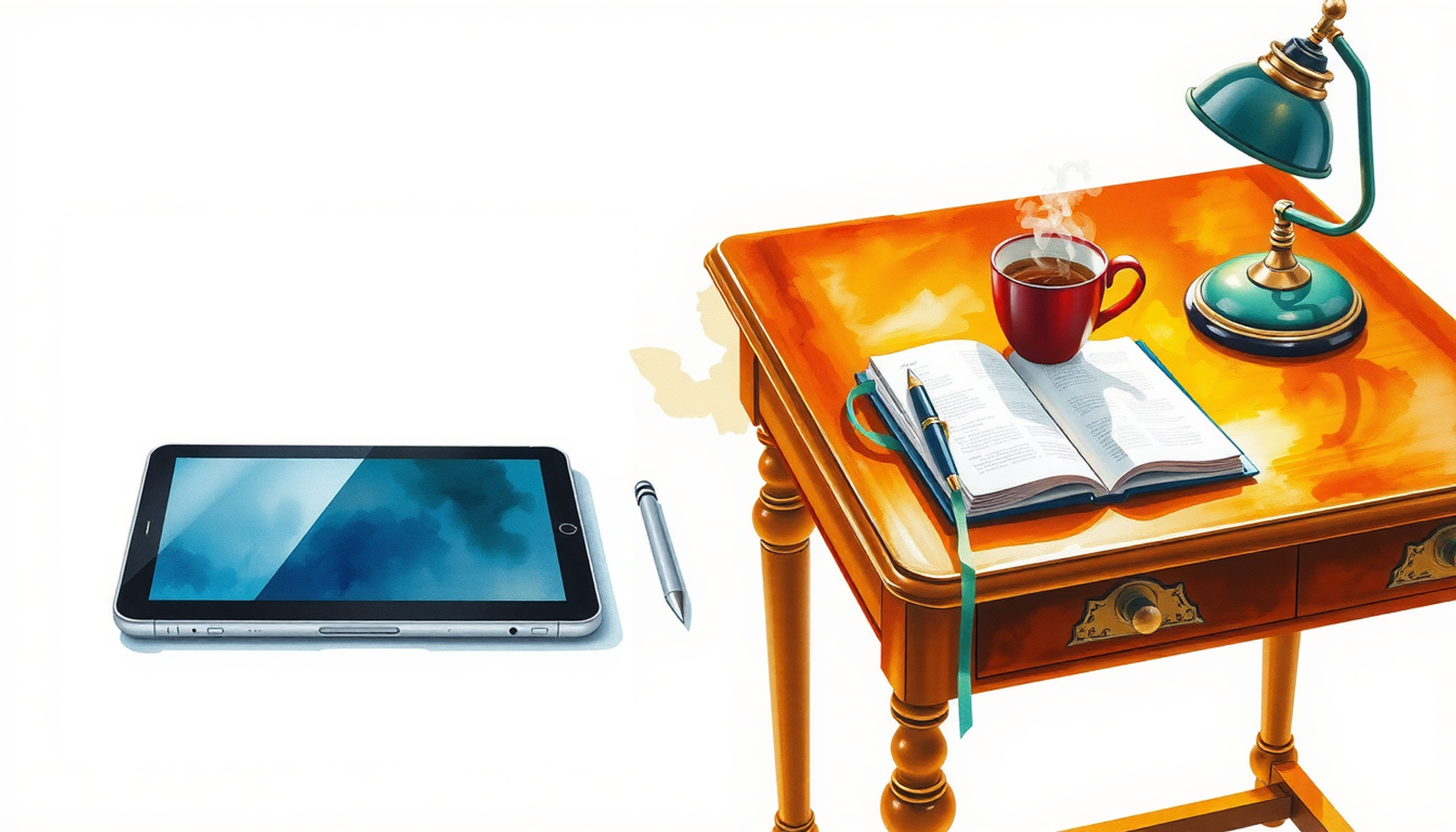 Contrasting workspaces: modern tablet setup and cozy wooden desk.