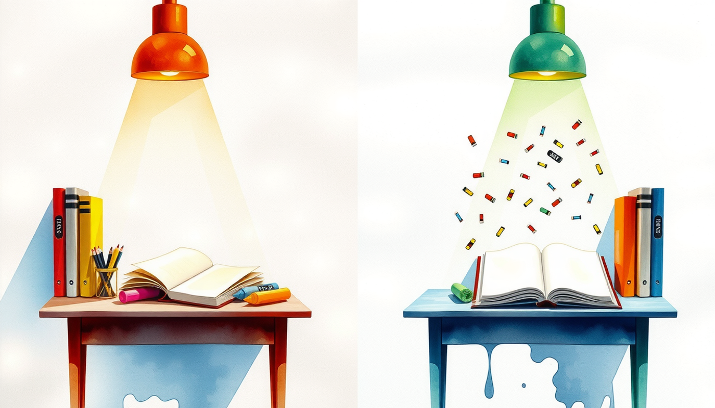 Split scene of two desks: one exuding false confidence, the other struggle.