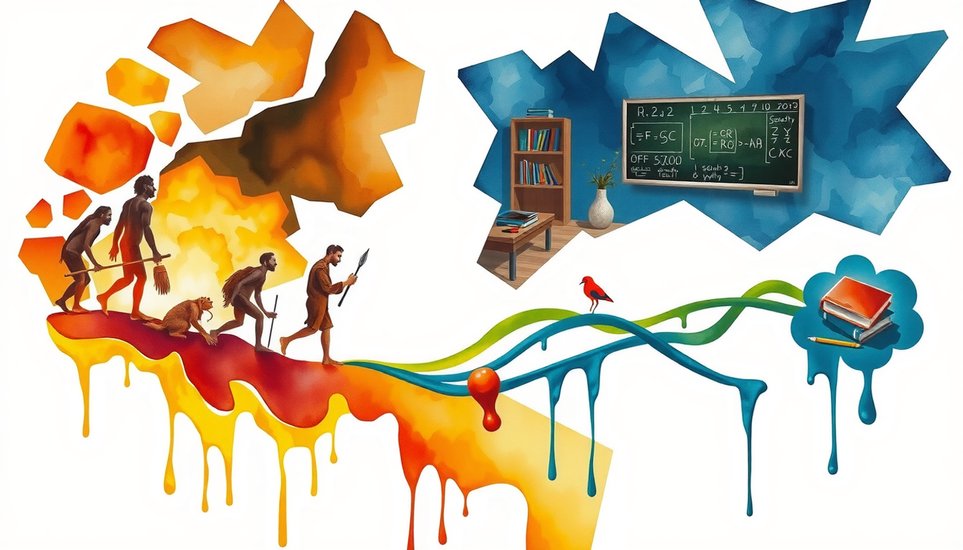 Cave dwellers and modern classroom connected by neural pathways.