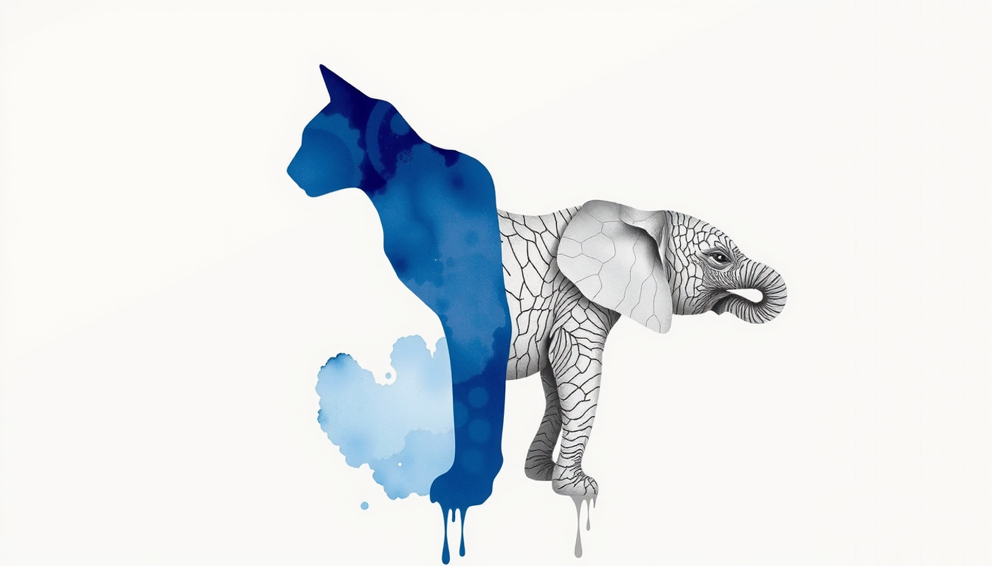 Dark cat silhouette with textured elephant skin pattern on right.