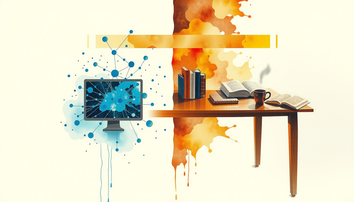 Split lab scene with glowing neural network and cozy study area.