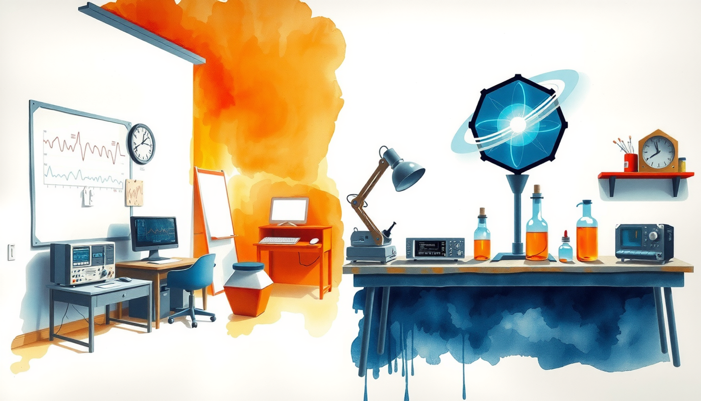 Traditional physics lab on one side, AI-enhanced setup on the other.