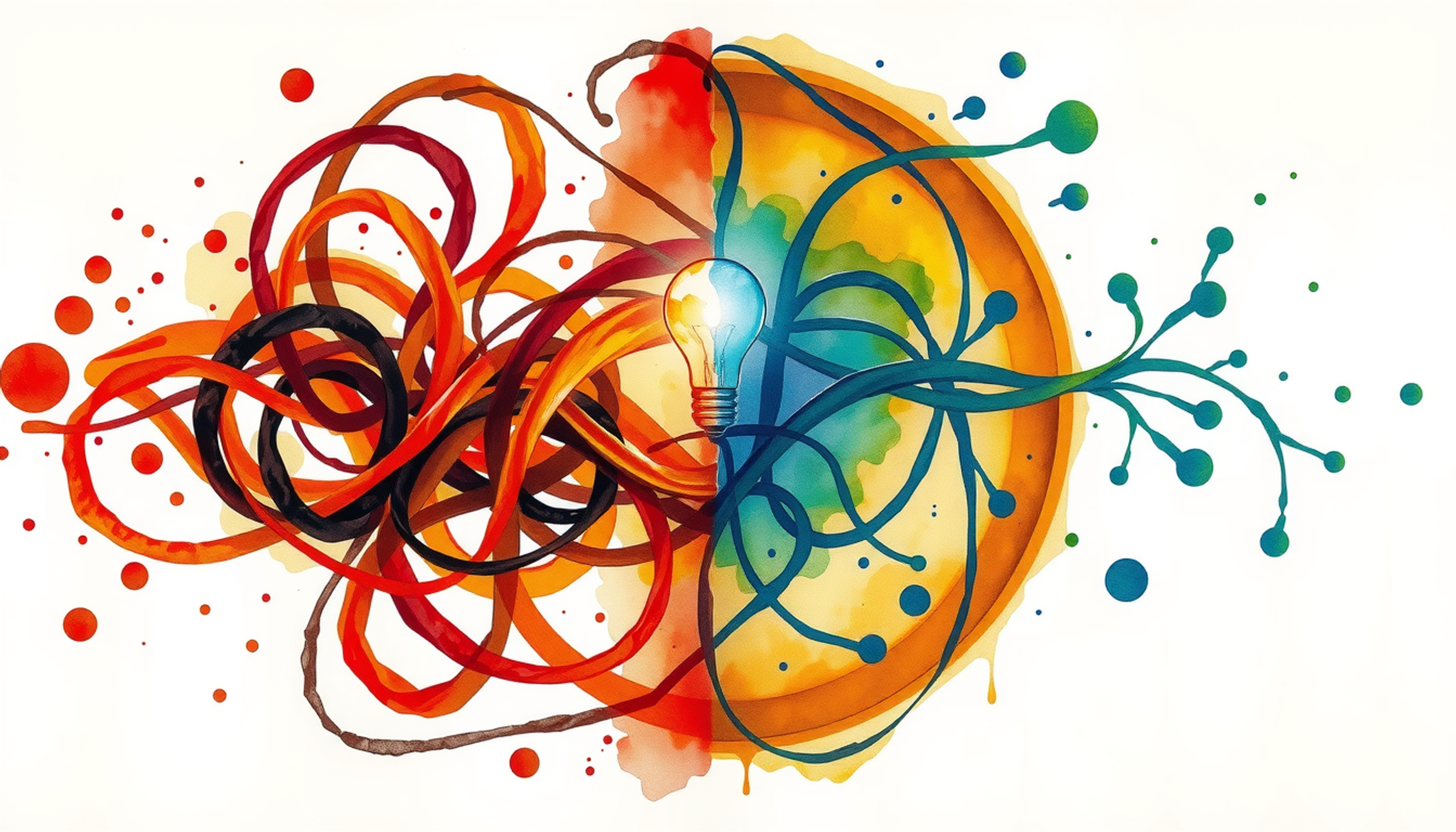 Tangled memory threads on one side, organized insights on the other.