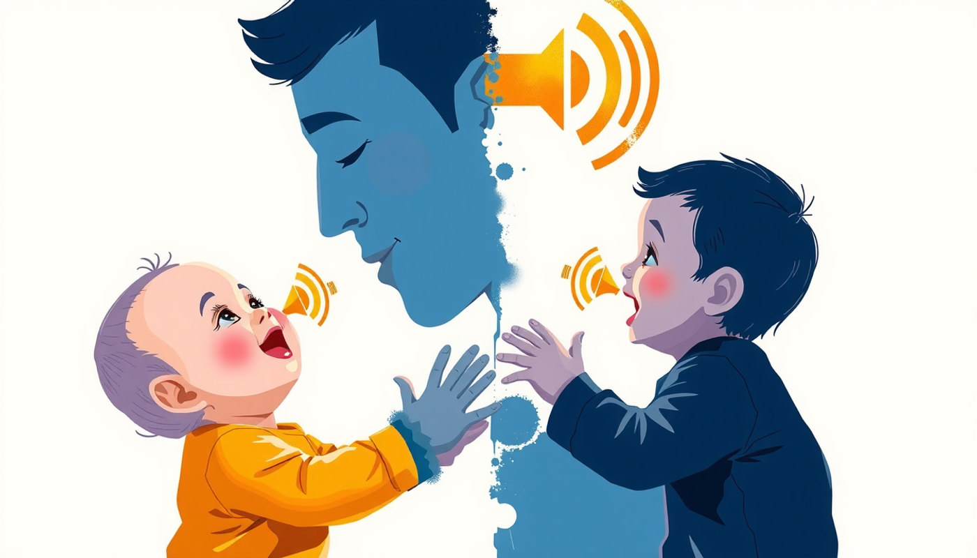 Baby engaged with adult in warm light, contrasting screen interaction.