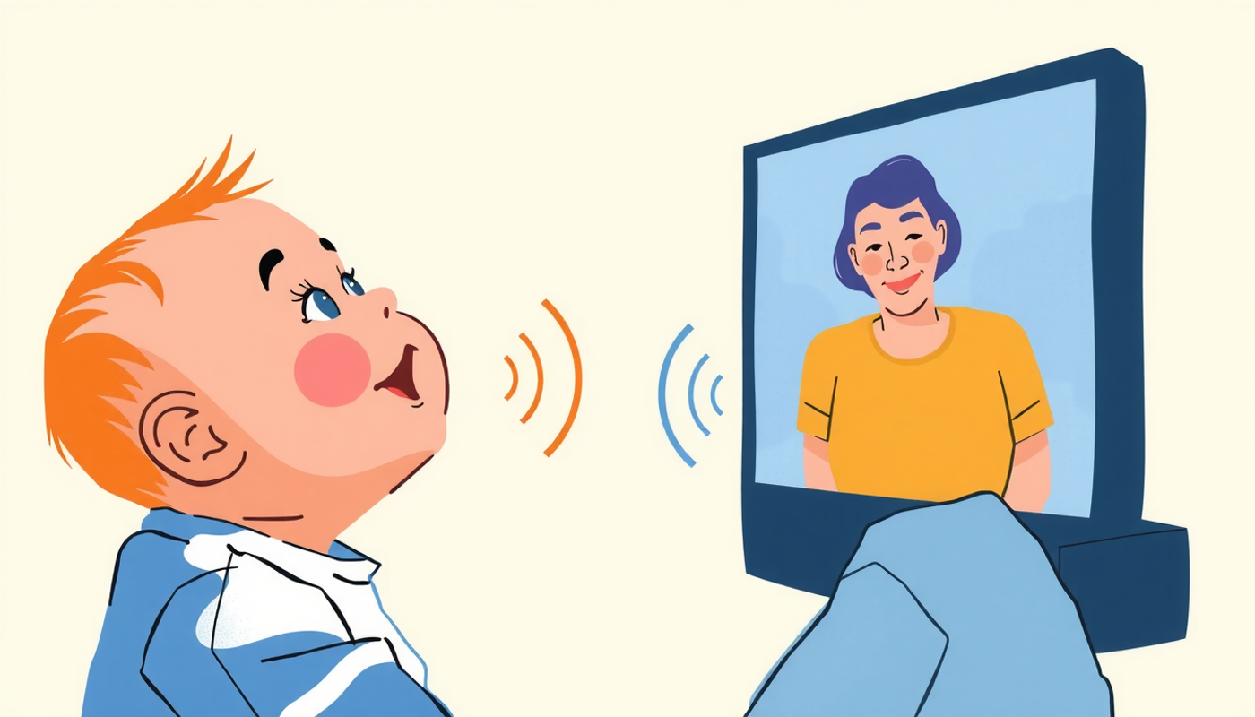 Baby engaged with smiling adult, warm light and sound waves contrast with screen.