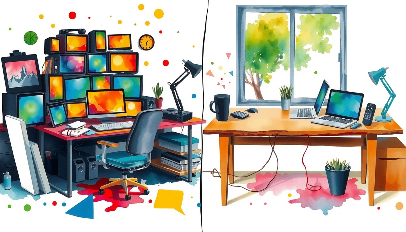 Cluttered desk with screens vs. serene wooden desk by window.