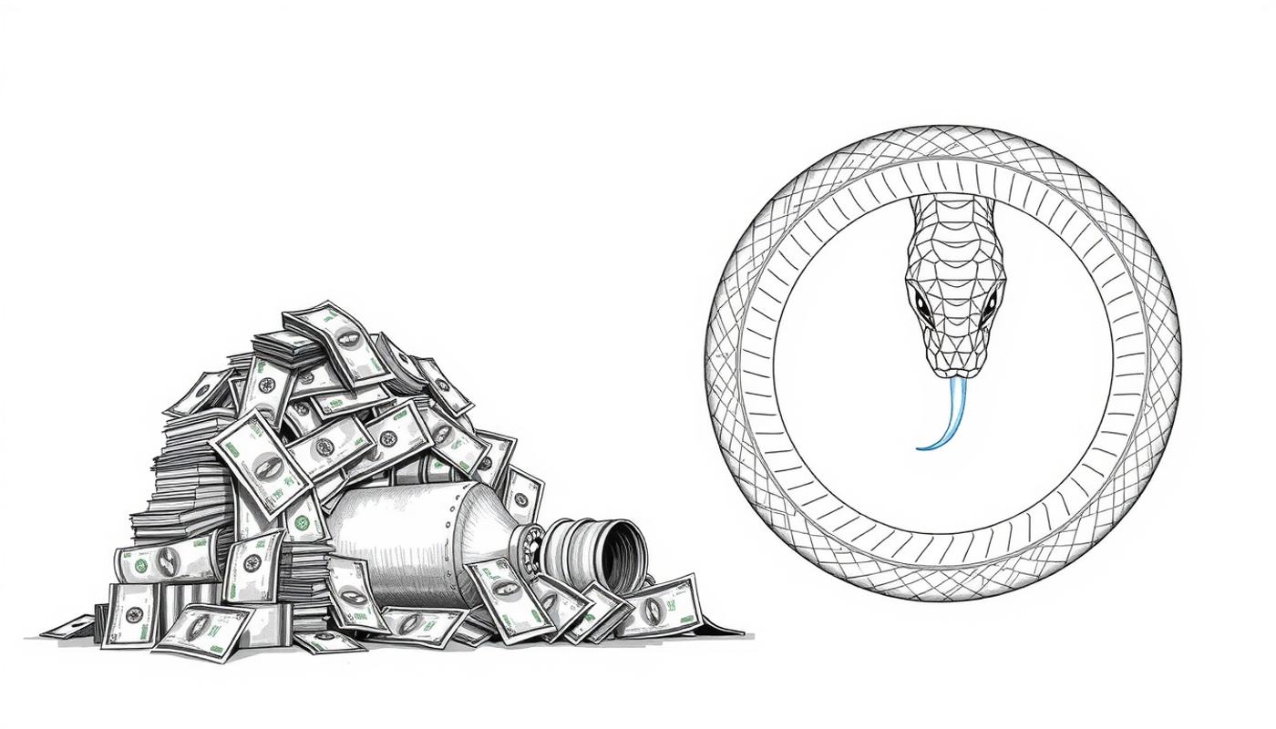 Contrasting scenes of money and a snake eating its tail.