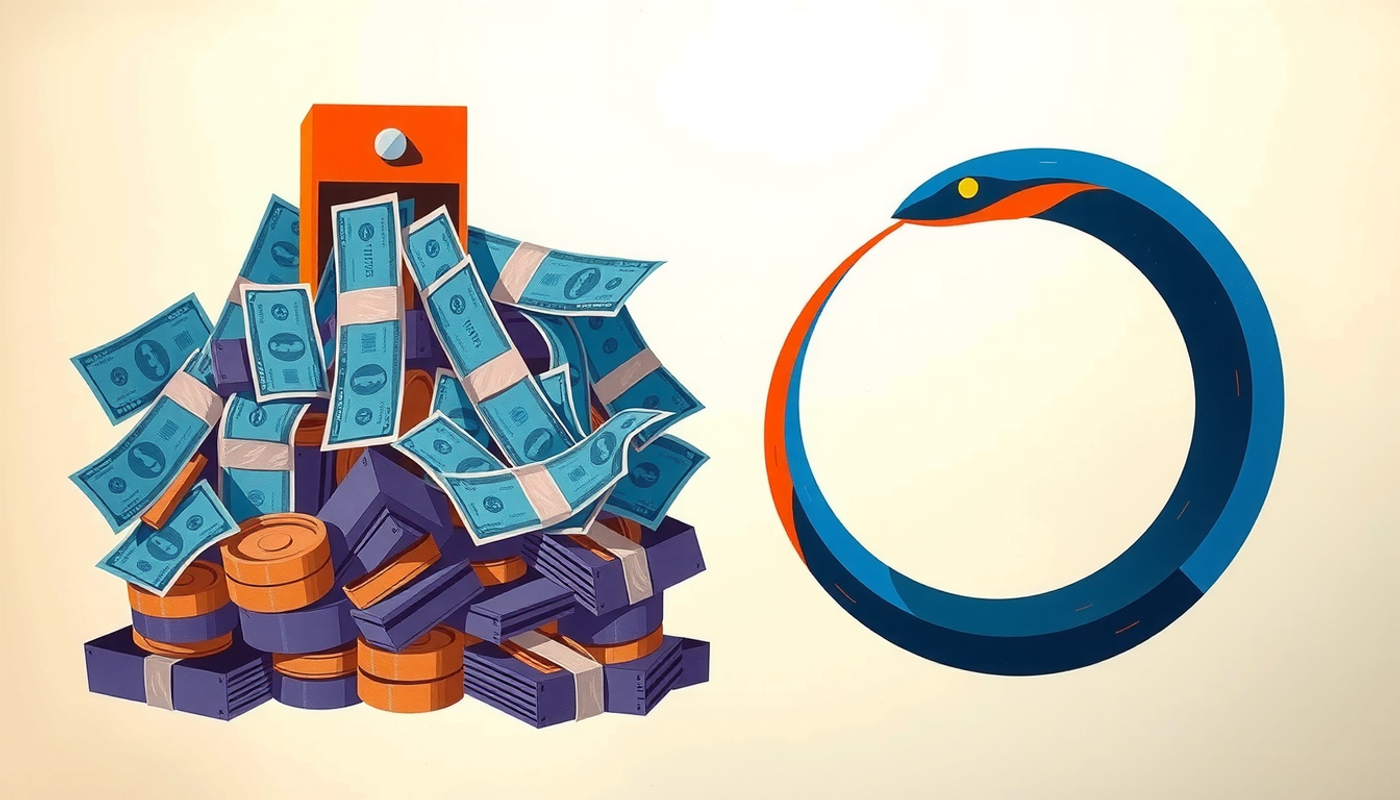 Contrasting scenes of money machine and ouroboros in muted colors.