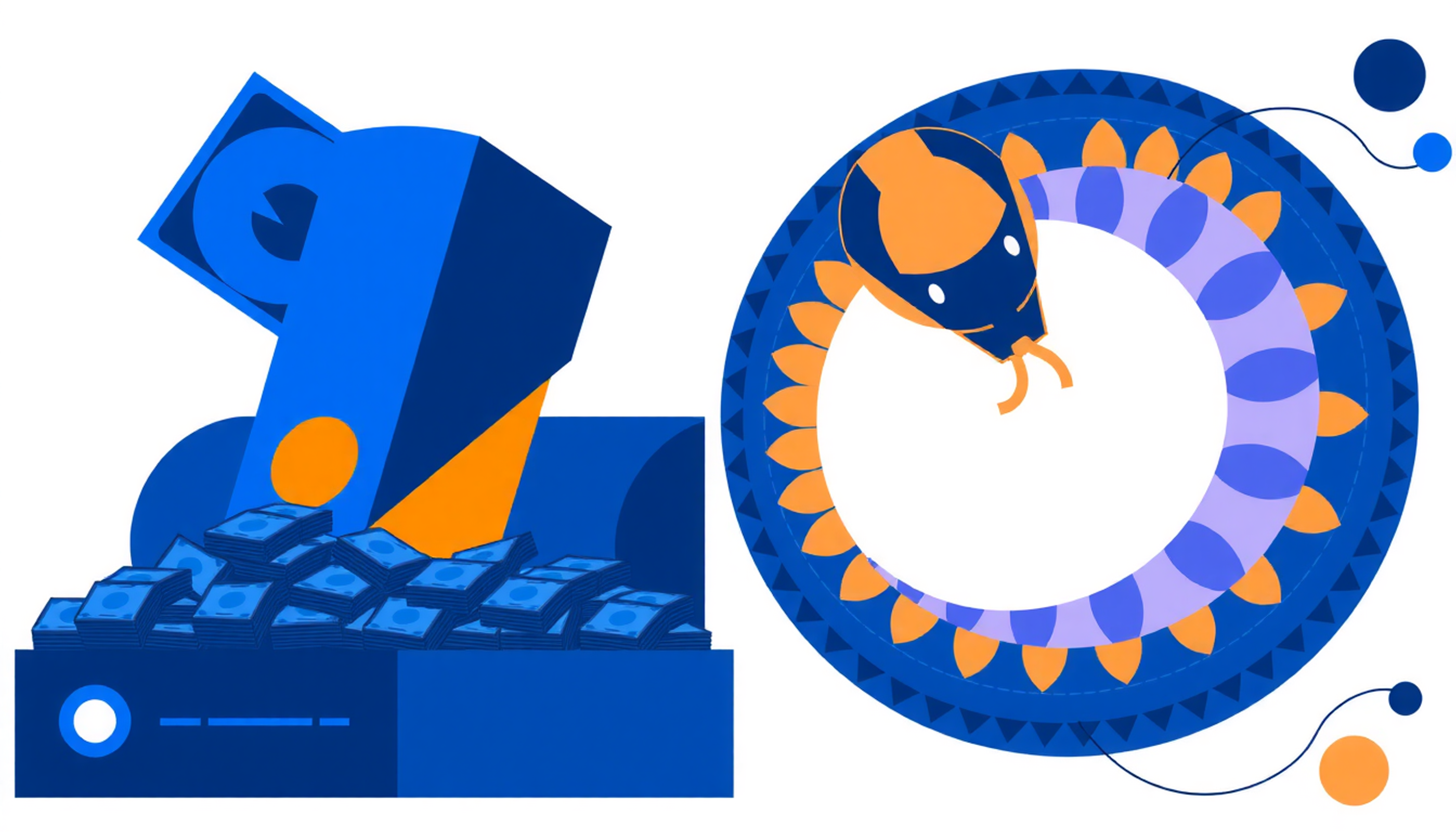 Contrasting scenes of money and a snake eating its tail.