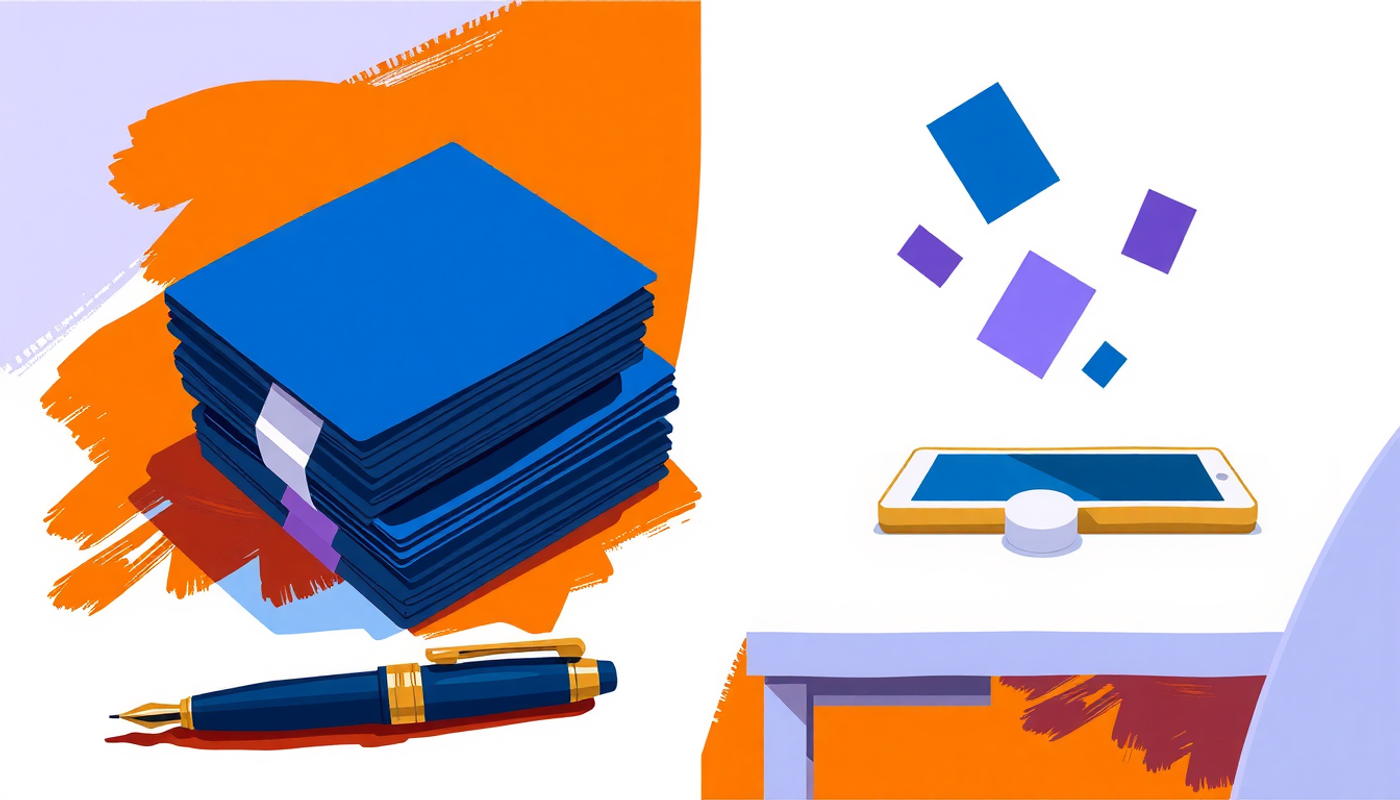Traditional flashcards and a tablet with colorful card shapes.
