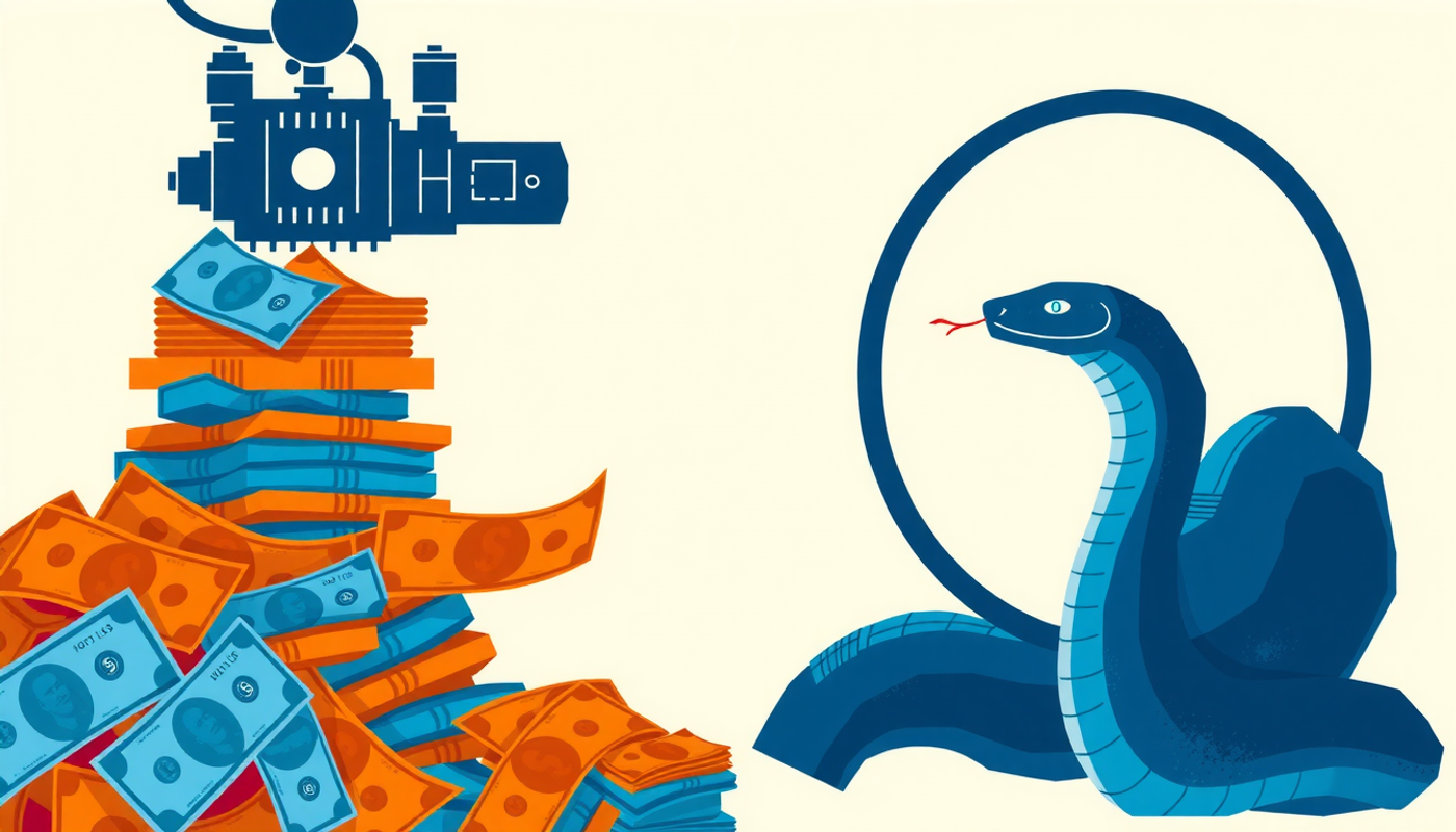 Contrasting scenes of money being processed and a snake eating itself.