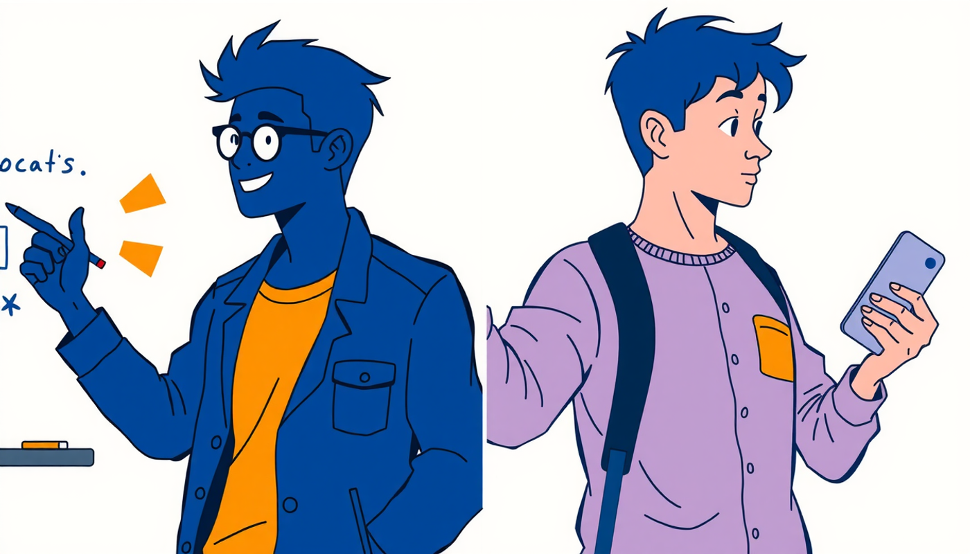 Two students learning: one at a whiteboard, the other with flashcards.