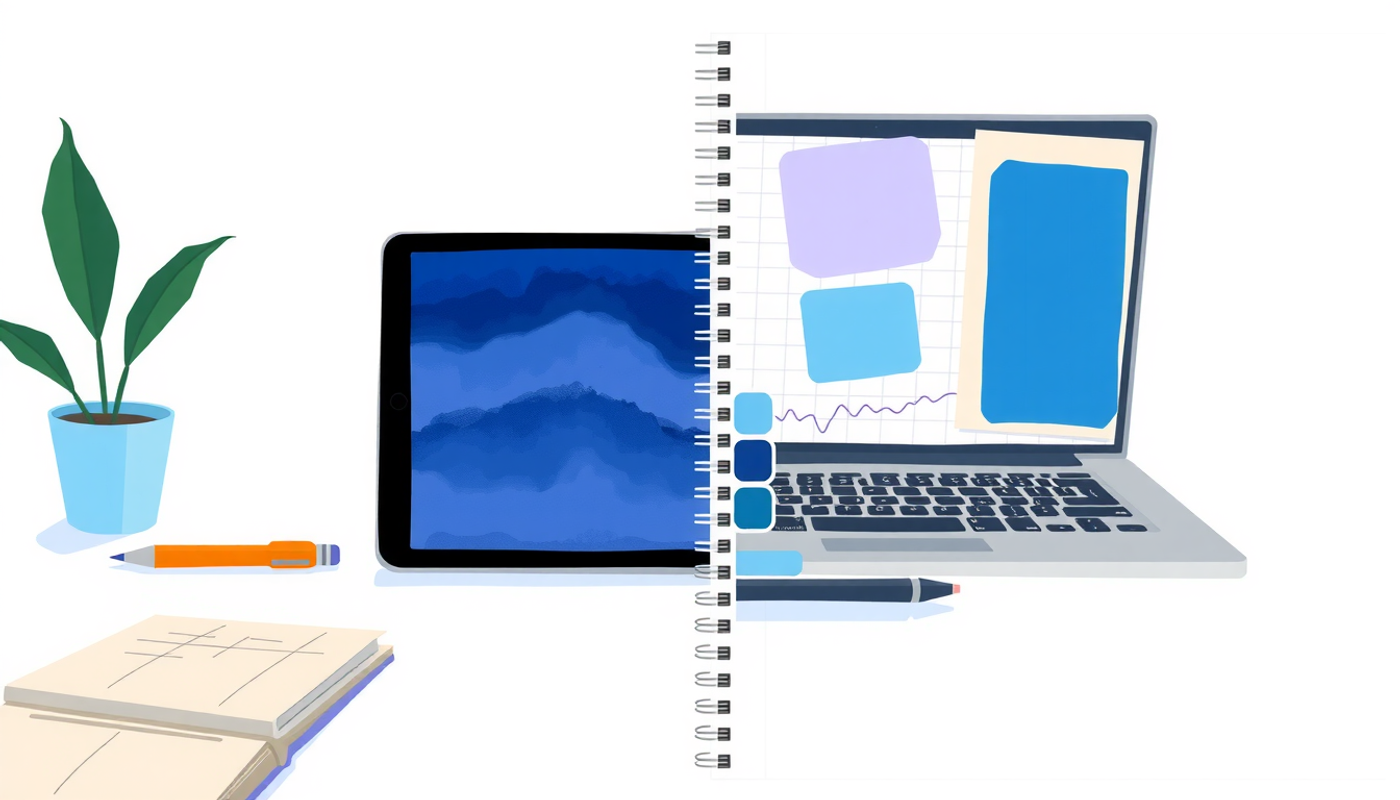 Study setups: tablet with handwritten notes and laptop with digital grid.