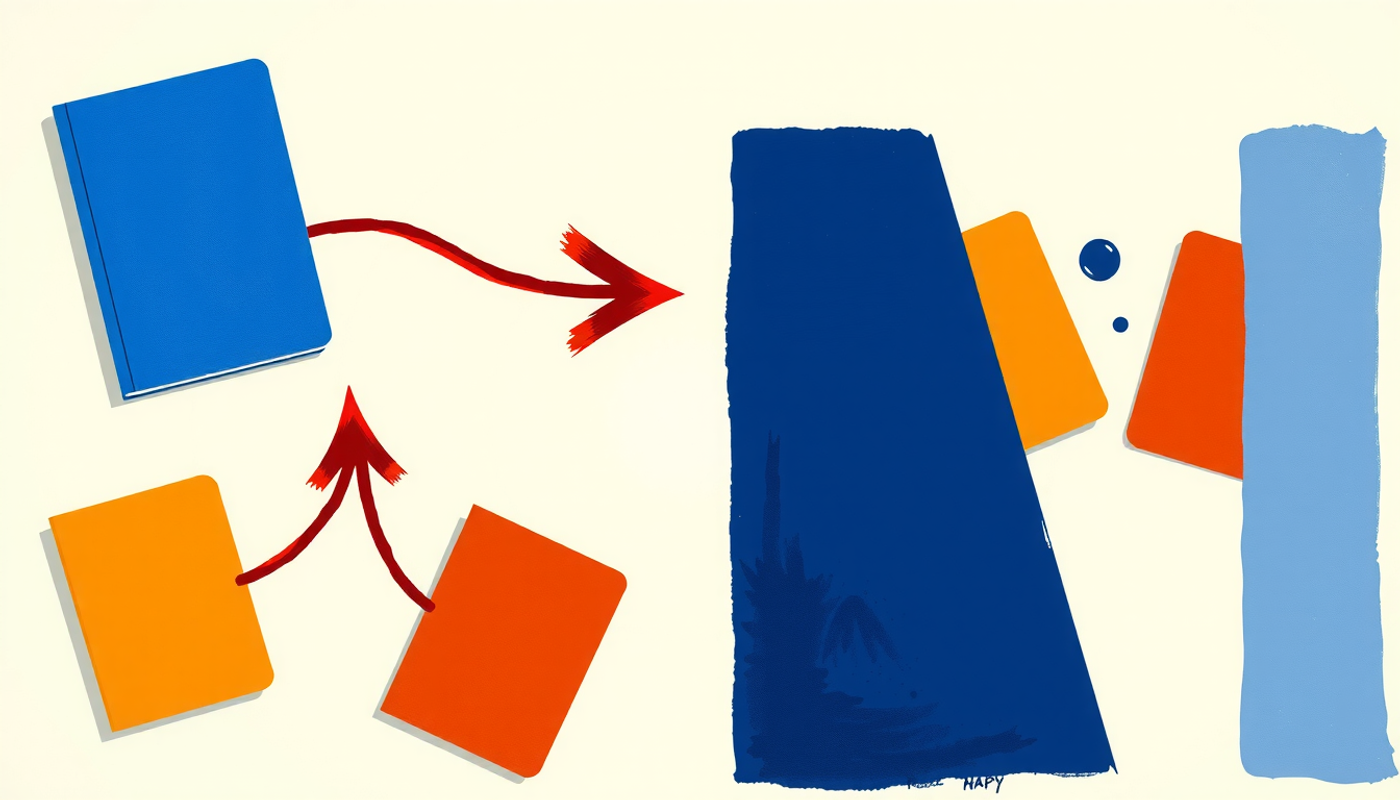 Side-by-side study scenarios: merging vs. separated notebook and flashcards.