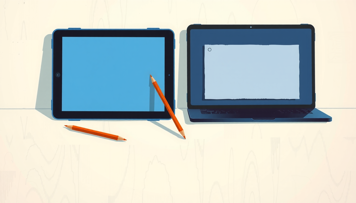 Split-screen study setups: tablet with handwritten notes and laptop with digital grid.