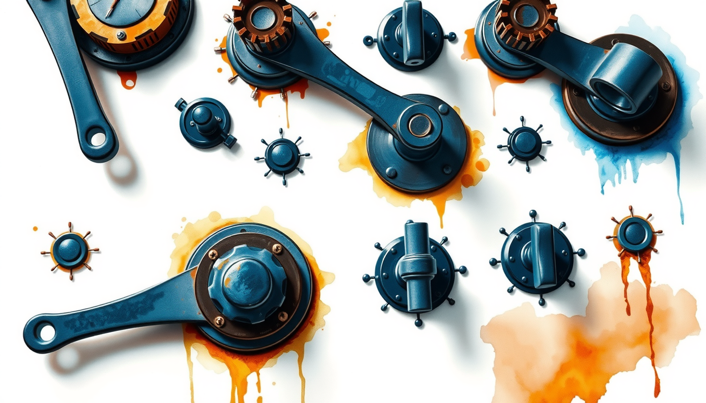 Overhead view of a steampunk control panel with levers and dials.