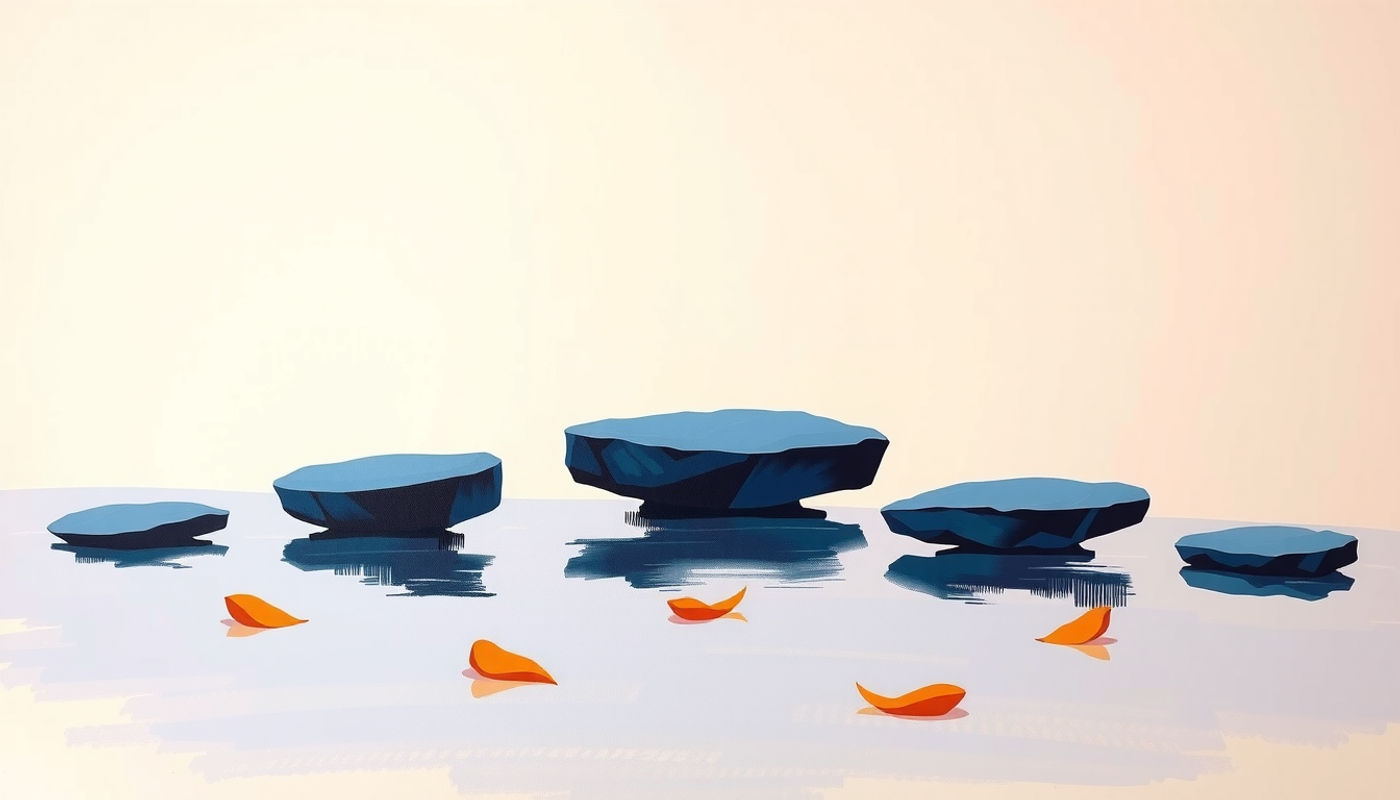 Horizontal stepping stones across a serene pond with cherry blossoms.