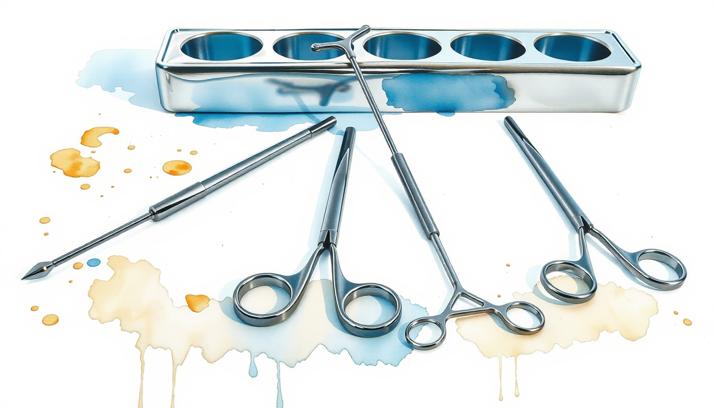 Empty stainless steel tray beside neatly arranged sterile surgical instruments.