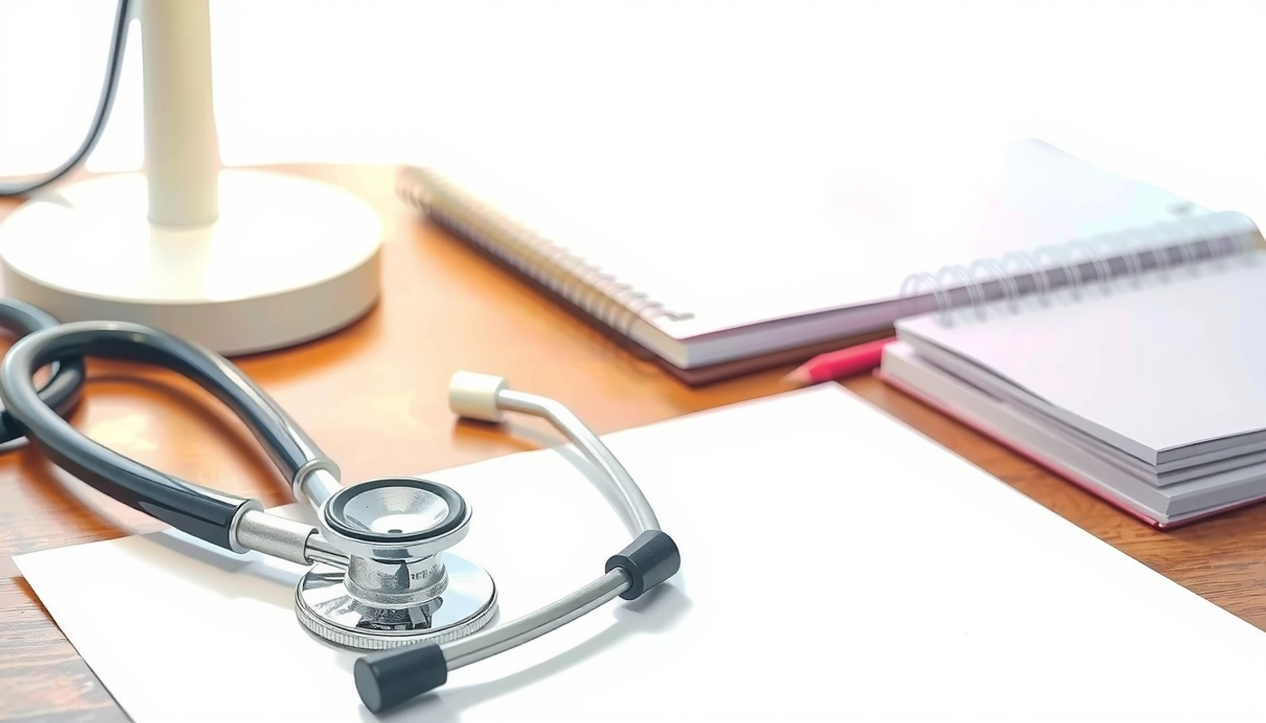 Stethoscope on wooden desk with pastel index cards and notebook.