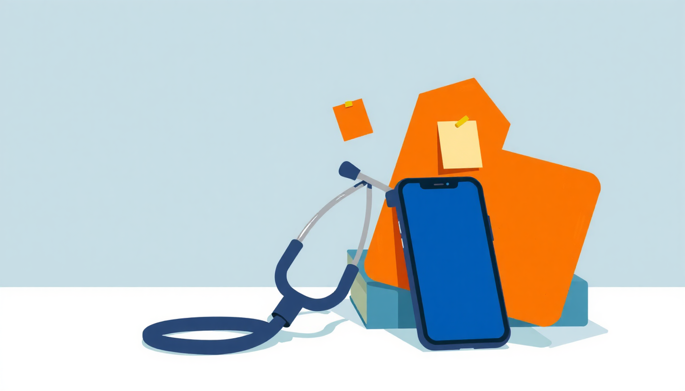 Stethoscope and smartphone on a white desk with colorful flashcards.