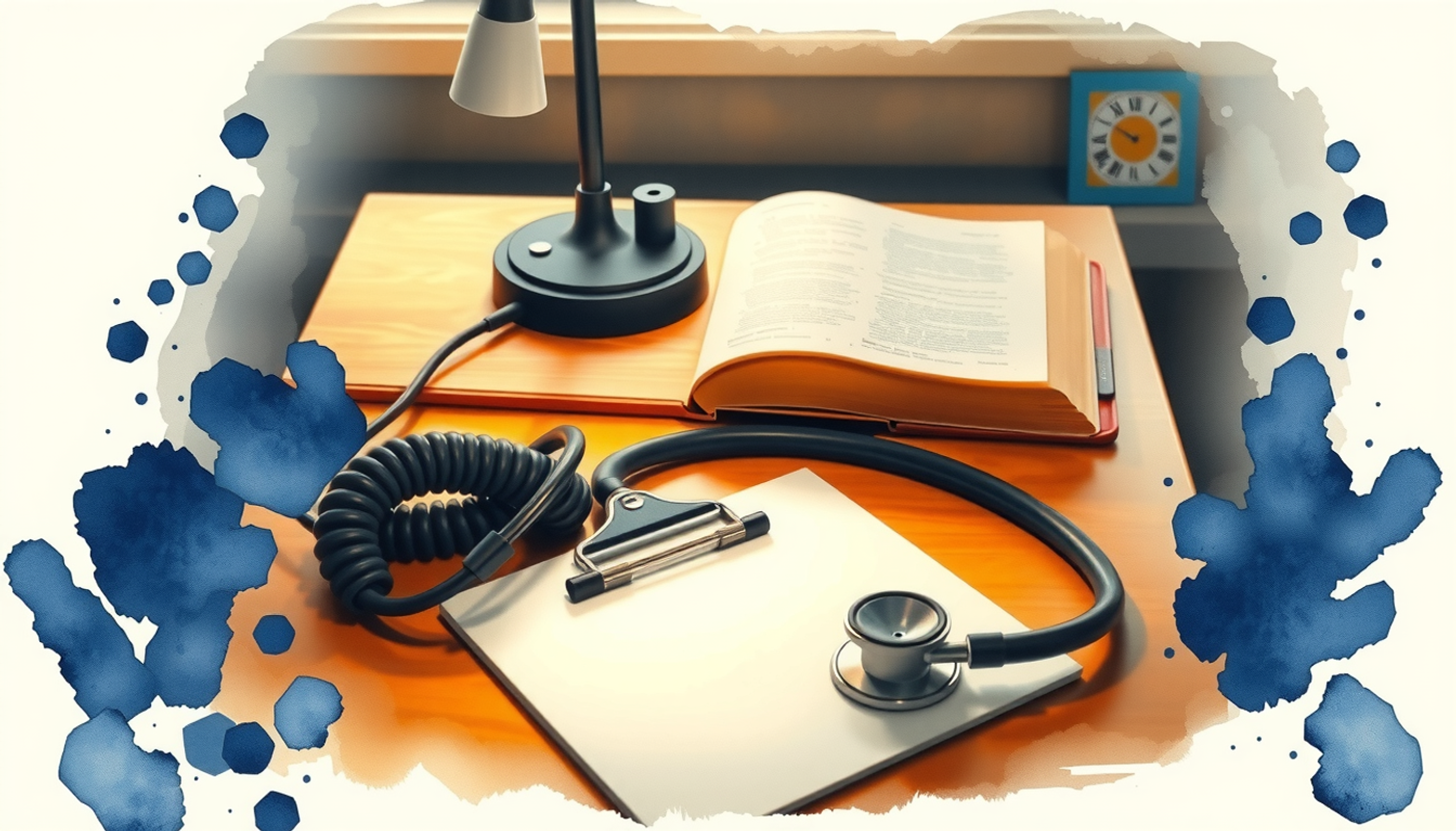 Stethoscope on dark desk with medical book and warm lamp light.