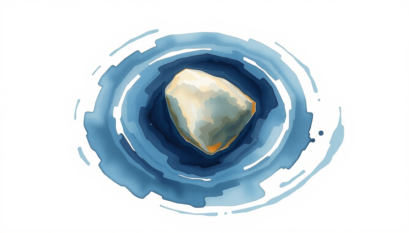 Smooth river stone in dark pool with rippling concentric circles.
