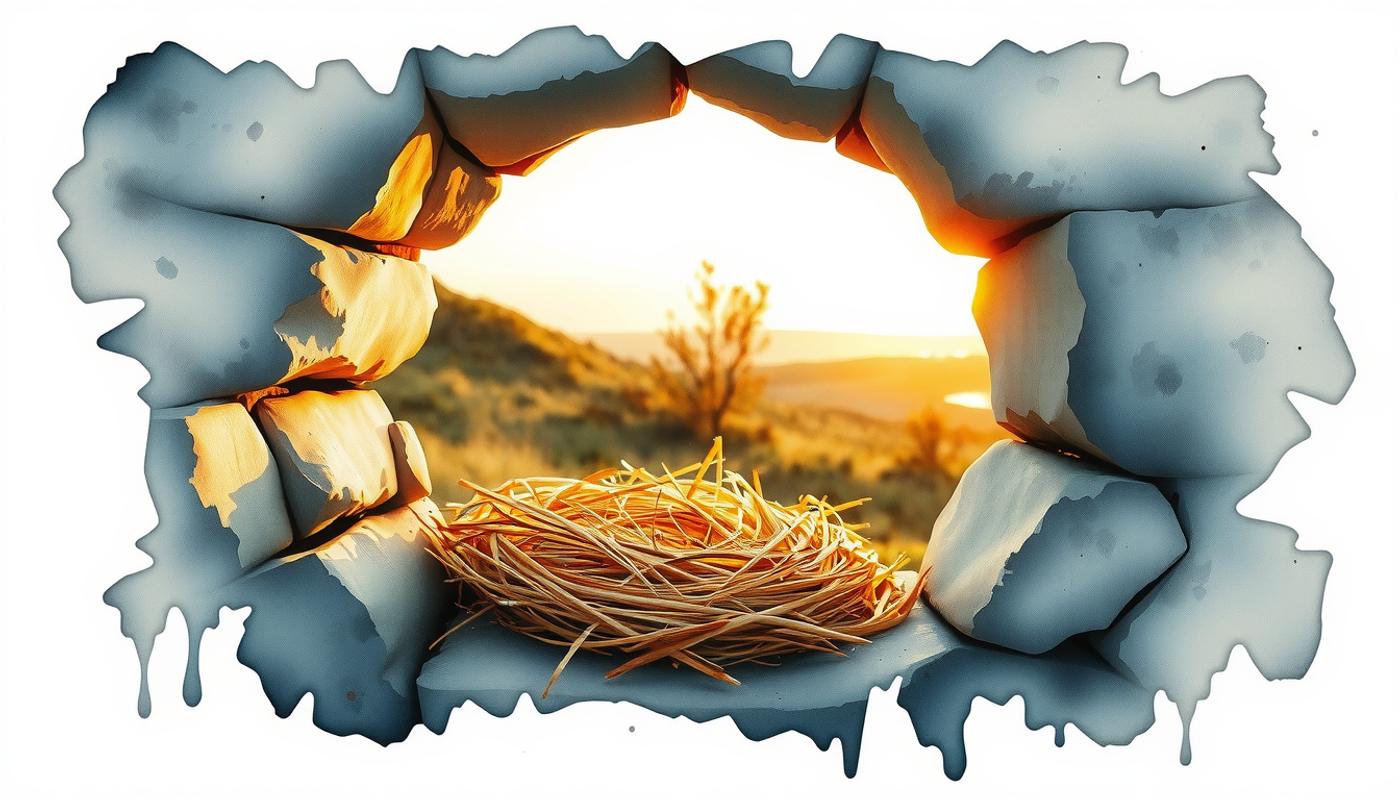Stone alcove at dusk with dry grass nest, windswept moorland.