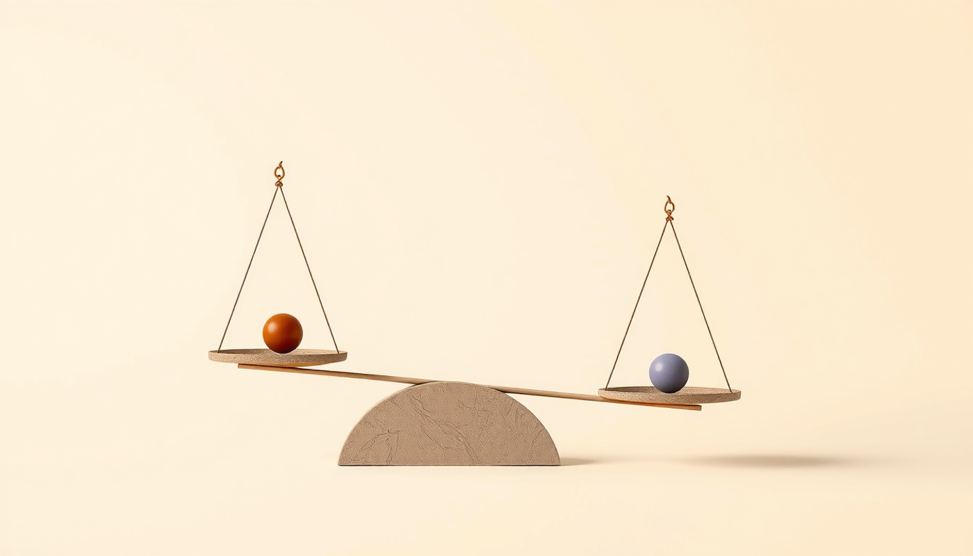 Smooth stone balance scale with glowing orbs, minimalist design.