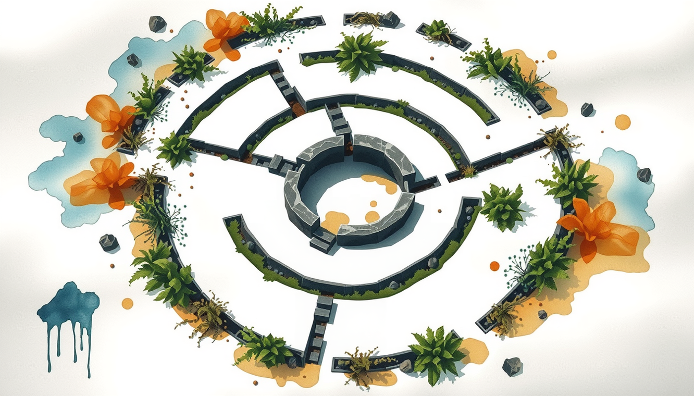 Aerial view of a labyrinth garden with diverging stone pathways.