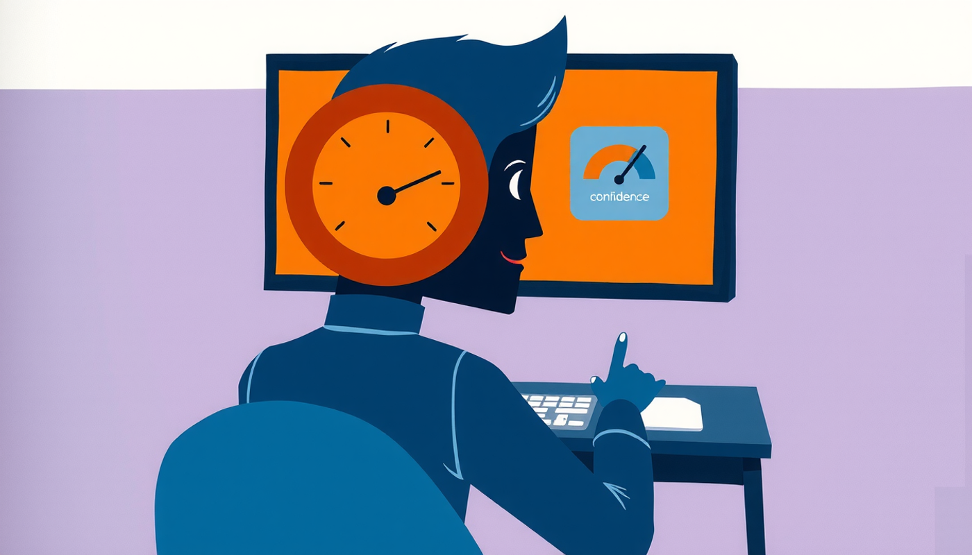 Student at desk with glowing interface showing confidence vs. understanding.