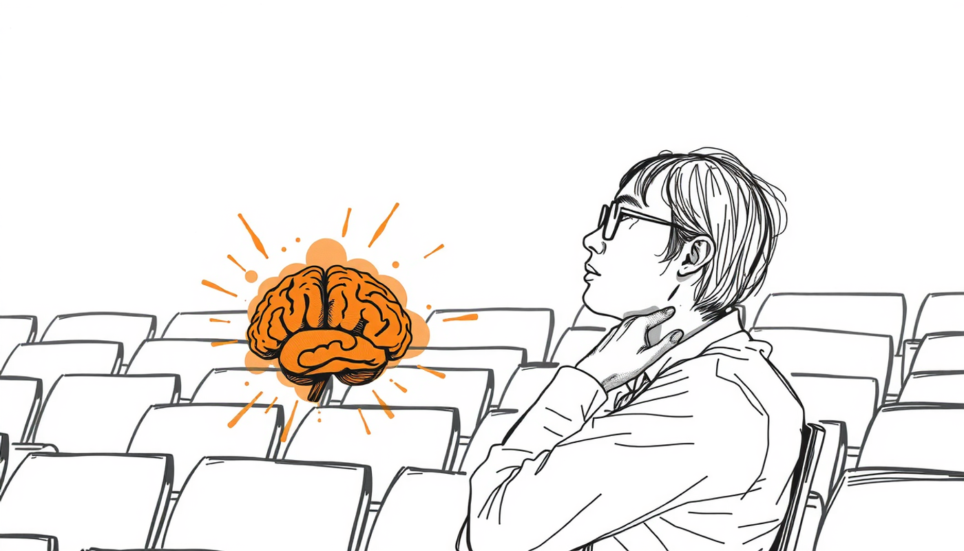 Studierender im Hörsaal, visuelle und auditive Informationen im Gehirn vereint.
