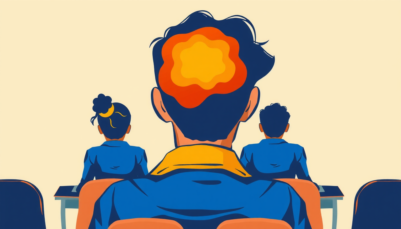 Estudiante en aula con información visual y auditiva convergiendo en el cerebro.