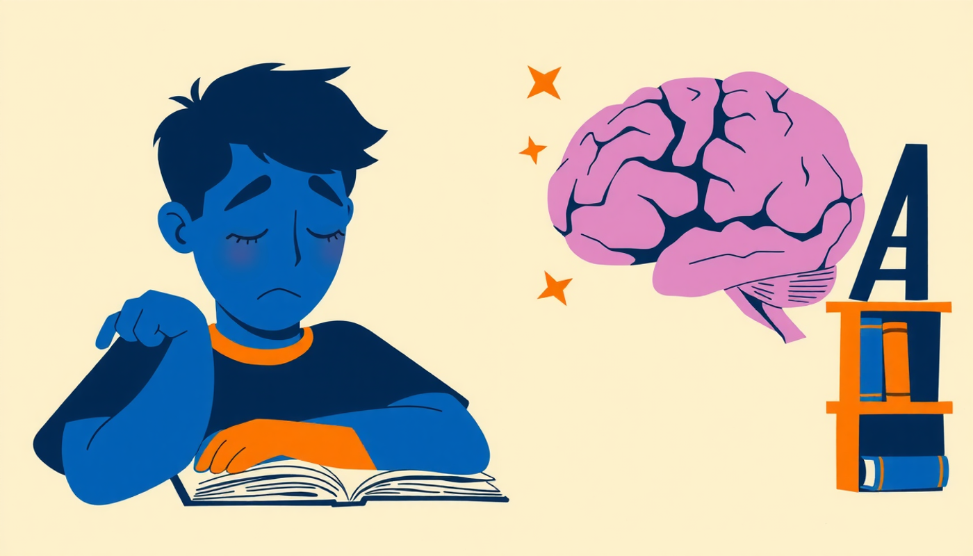 Student studying late at night with glowing memory fragments organized.