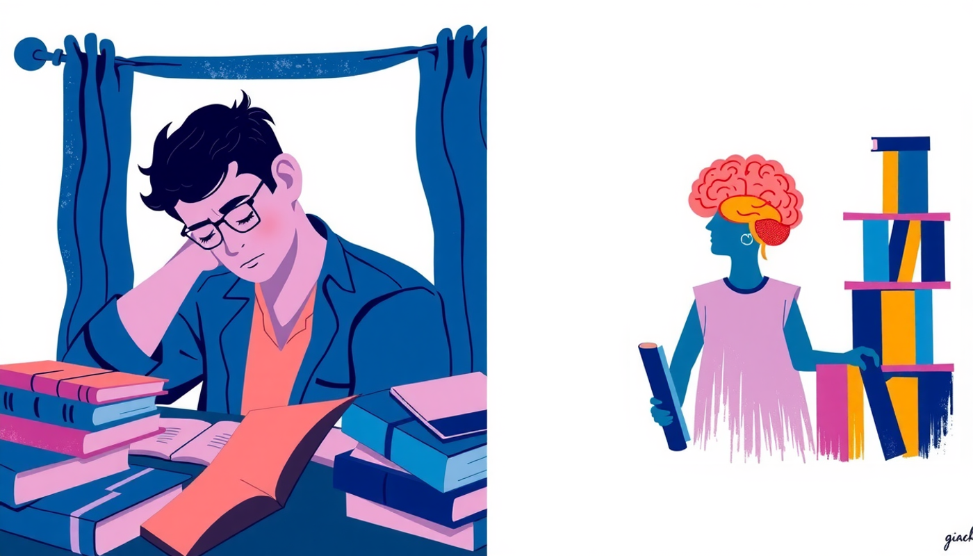 Student studying late at night with brain organizing glowing memories.