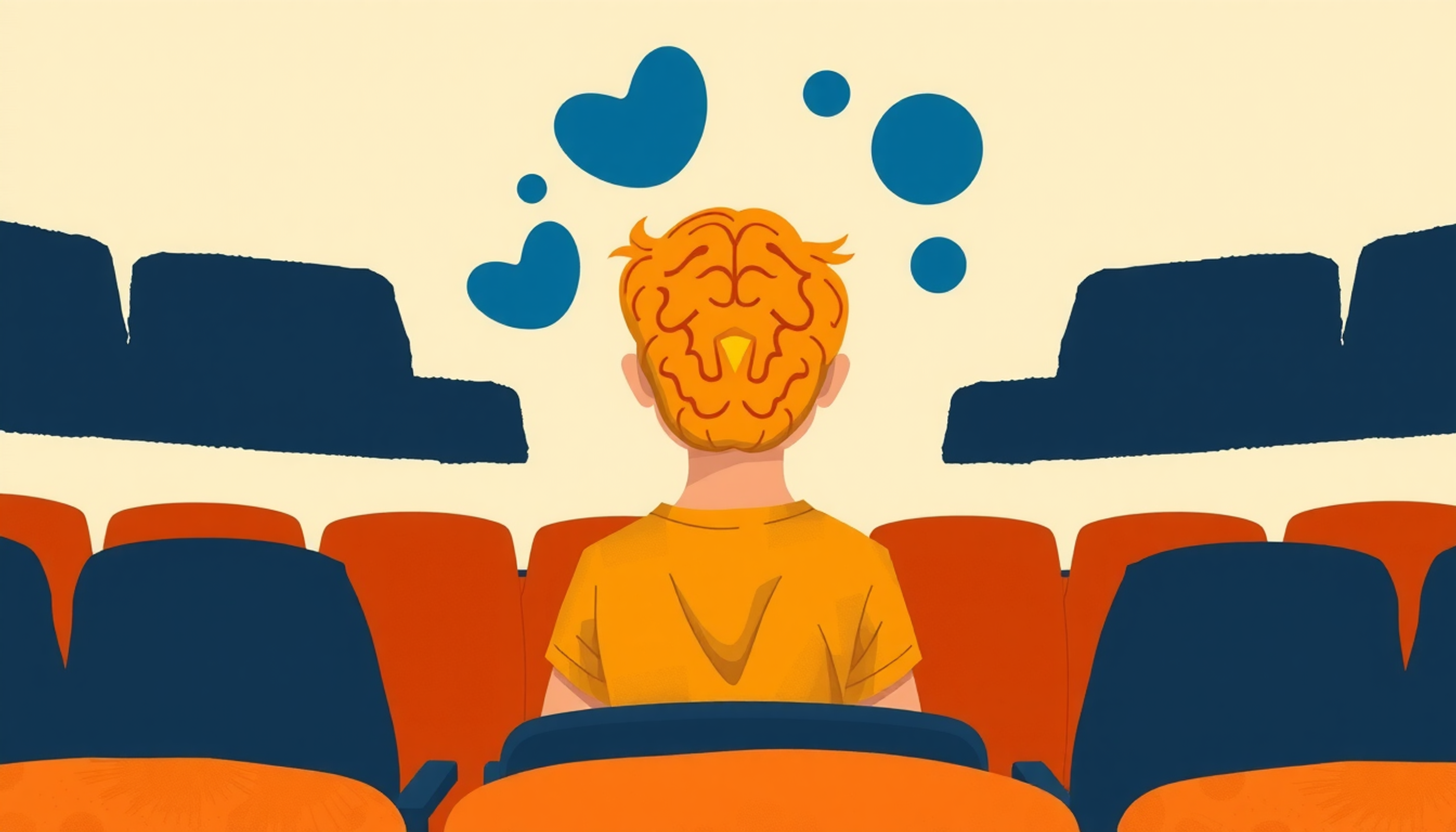 Étudiant dans un amphithéâtre, informations visuelles et auditives convergeant vers le cerveau.