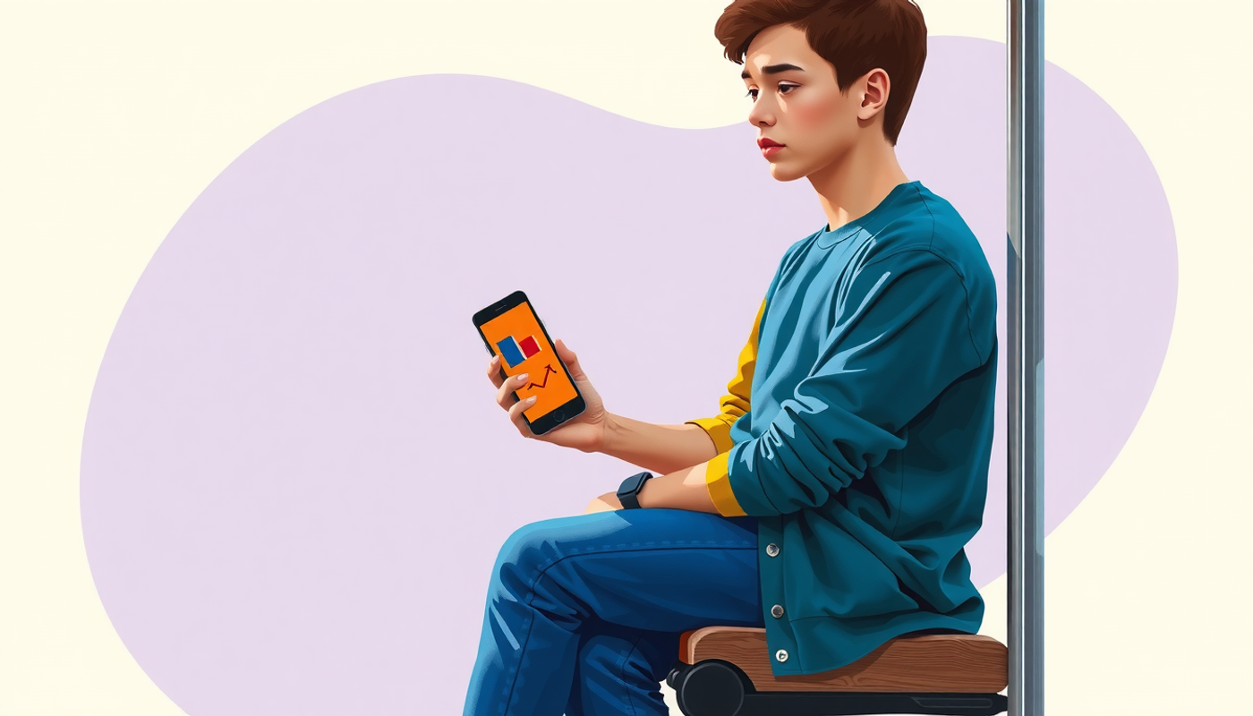 Student reviewing flashcards on phone while riding a bus in warm light.